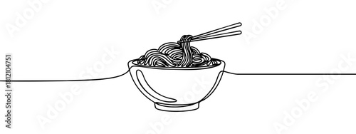 A bowl of noodles with chopsticks is depicted in a continuous line drawing style — stock vector.