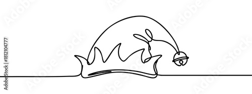 A continuous line drawing depicts an elf hat with a bell — stock vector.