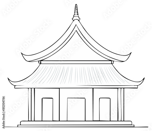 Sketch of a Buddhist pagoda in an Asian style with multiple layered roofs, showcasing an illustration of sacred Oriental architecture