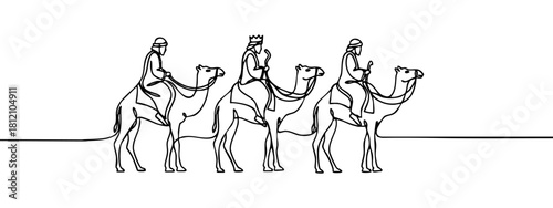 A one-line drawing depicts the biblical Three Kings riding camels to Bethlehem — stock vector.