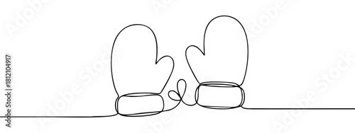 Minimalist continuous line drawing of winter mittens isolated on white background — stock vector.