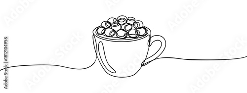 A mug filled with marshmallows is drawn in a single continuous line — stock illustration.