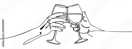 Two hands toasting with wine glasses in a minimalist continuous line drawing style — stock vector.