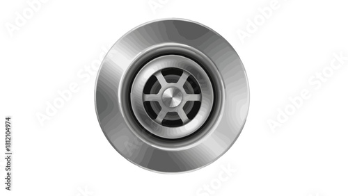 Top view of a shiny metal sink drain with a sixpronged strainer