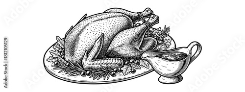 An engraved style illustration of a Thanksgiving turkey dinner with gravy — stock illustration.
