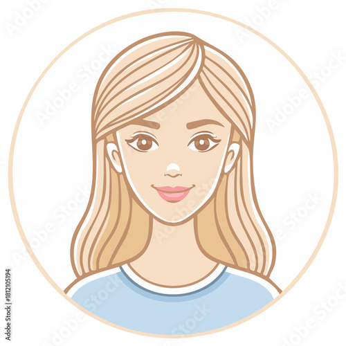 Smiling blonde woman vector illustration portrait in a circular frame, friendly young girl avatar