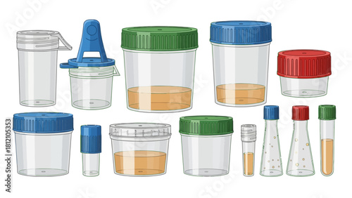 Various medical collection containers with liquid samples
