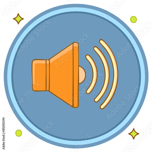 Cartoon Illustration of a Speaker Sound Icon on a Round Blue Button, with Sound Waves