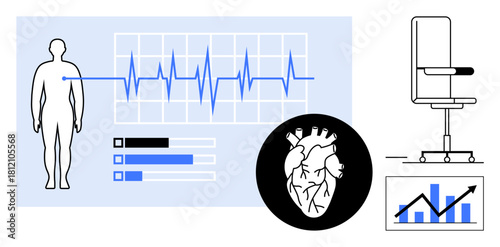 Human figure with heart rate graph, heart graphic, office chair, bar, and line charts. Ideal for workplace wellness, health tech, medical analysis, employee fitness corporate health data tracking