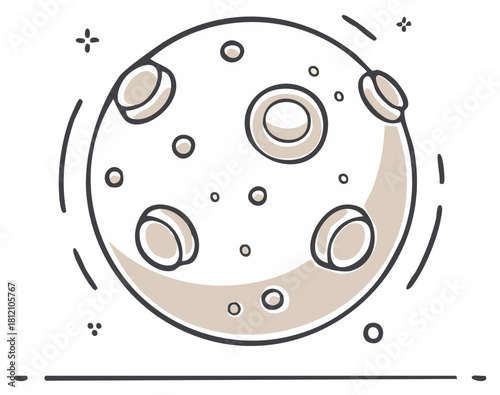 Hand drawn doodle outline icon illustration of a celestial moon with craters and stars
