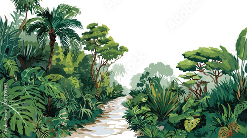 Exotic Lush Tropical Jungle Trail with Outline Isolated on White Vector Graphic