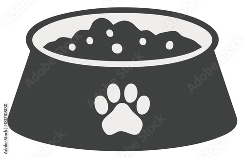 Pet food bowl icon with a paw print symbol full of dry kibble vector illustration