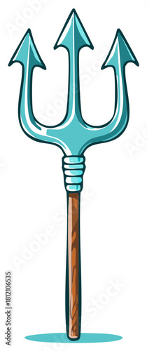 Illustrated Blue Trident Weapon with Wooden Handle for Mythical Warrior