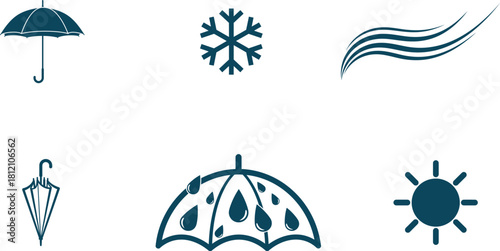 Weather conditions and forecasts featuring elements like a rain umbrella a snowflake wind icons and sunshine illustration for climate variability prediction or seasonal infographics