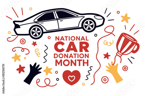 National Car Donation Month Vector Illustration, Donating a Car to Charity with Heart Symbols Isolated on White Background