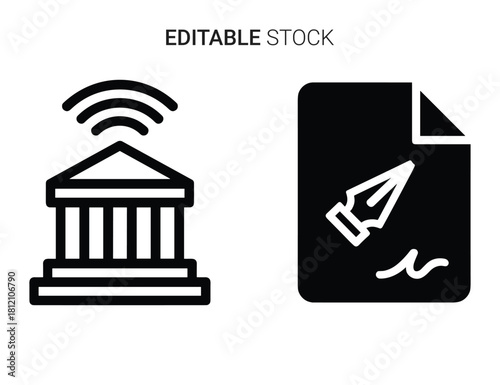 Digital signature, online banking, and e-government service outline vector icons.
