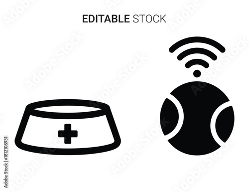 Smart pet care icons: innovative feeding bowl with cross, wi-fi enabled tennis ball