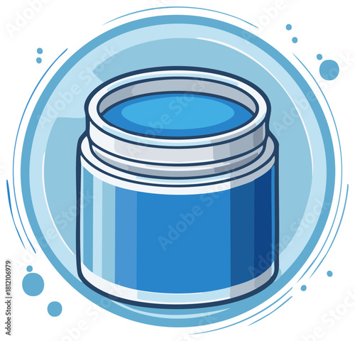 Cartoon vector illustration of beauty cream, lotion jar with blue liquid and round decorative frame