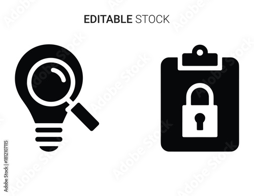 Innovative idea search and secure data protection icons for digital business concept