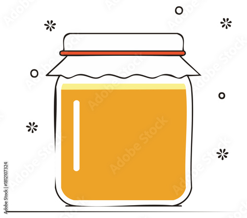 Glass Jar of Honey Illustration with Lid and Ornaments, Filled with Organic Honey