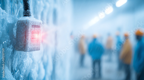 Frozen environment with workers in protective gear and icy machinery, showcasing cold storage operations and safety practices.