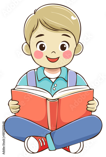 Cartoon Boy Cross-Legged Holding and Reading a Book with Joyful Expression, a Child Enjoying Story Time
