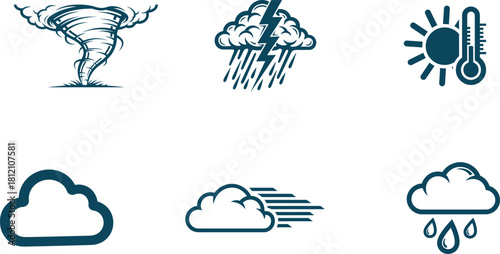 Weather Icon Set Representing Different Weather Conditions Including Tornado Thunderstorm Sunny Hot Windy and Rainy Weather Forecast Symbols Depicted as Flat Design Illustrations