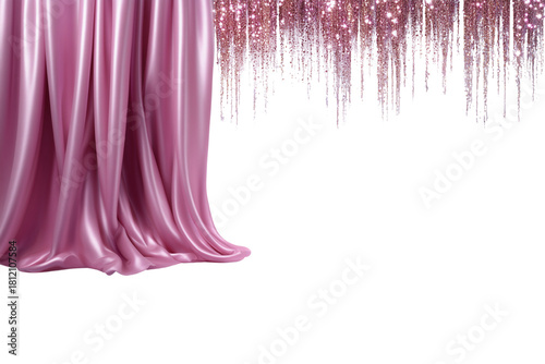 A pink curtain with glittery beads hanging on a transparent background.