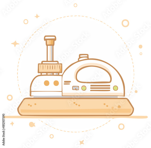 Cute cartoon illustration of a kitchen food processor or meat grinder appliance