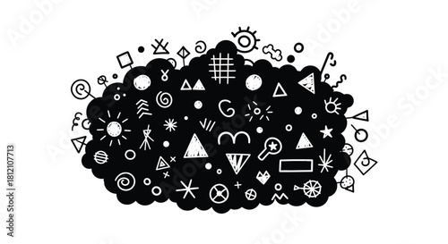A dark cloud filled with various abstract shapes and symbols in black and white
