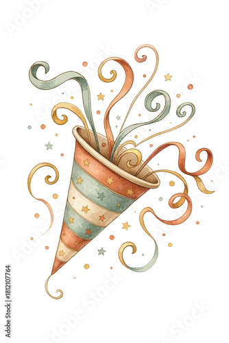 Watercolor Party Popper with Confetti and Swirl Ribbons New Year Celebration Vector
