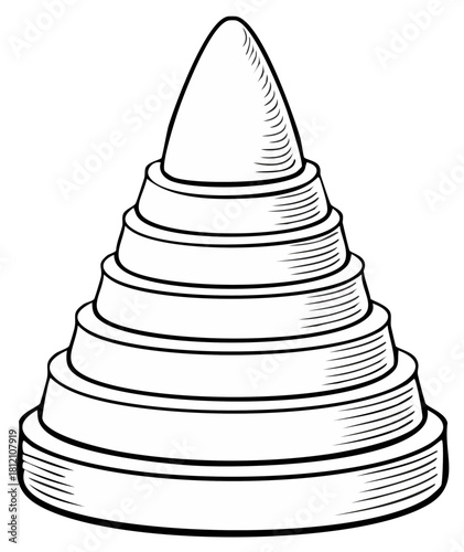 Outline drawing of a tiered conical monument, spiritual architecture illustration, stacked geometric shapes, clean line art