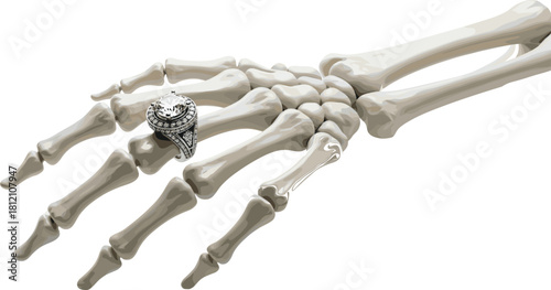 Realistic skeletal hand wearing diamond engagement ring vector illustration isolated on white.