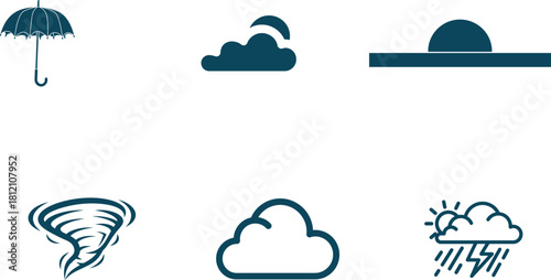 Weather Icons Set Representing Different Meteorological Conditions and Atmospheric Phenomena with Symbolic Depictions for Forecasting and Climate Related Visualizations