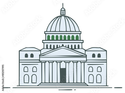 Simplified Illustration of a Classic Capitol Building with Dome and Columns