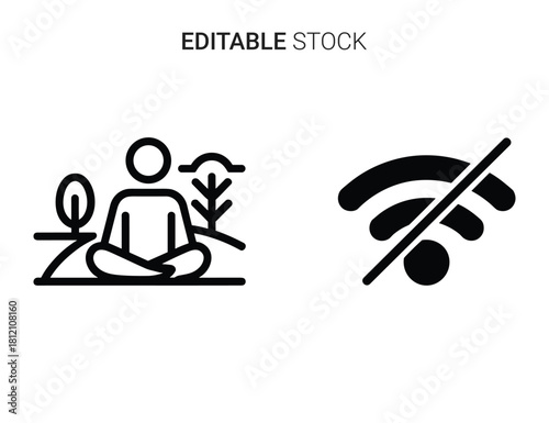 Meditation in nature and disabled wi-fi signal line icons for digital detox concept