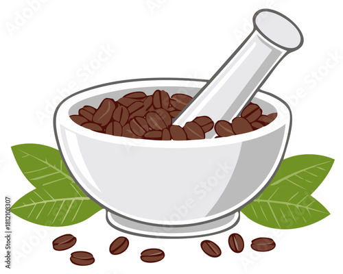 Illustration of coffee beans in mortar with pestle alongside coffee plant leaves.