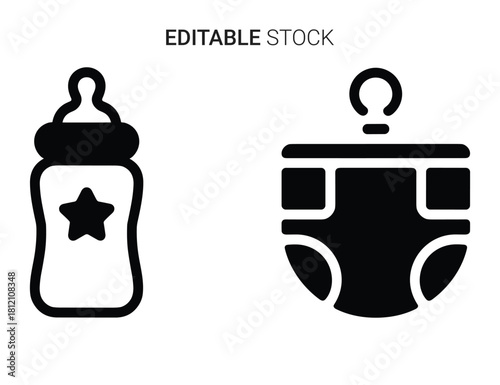 Baby bottle and diaper icons: essential infant care items, vector graphic illustration