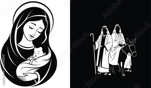 Beautiful holy mother holding newborn child alongside sacred nativity scene featuring traditional biblical figures in silhouette religious Christmas artwork illustration