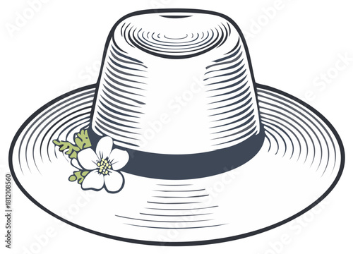 Classic engraved style vector illustration of a wide brimmed summer sun hat with a flower