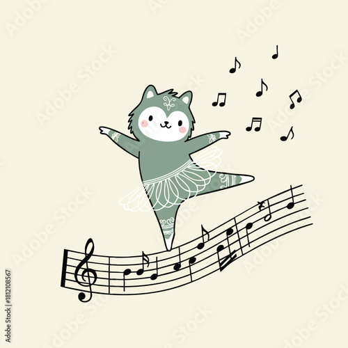 Cartoon dancing husky ballerina in green tutu.