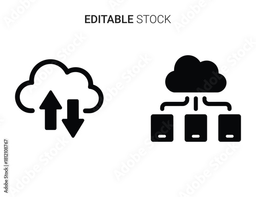 Cloud computing data transfer, upload, download, and network infrastructure glyph icons