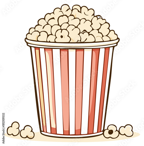 Classic red and white striped popcorn bucket overflowing with fluffy popcorn kernels and loose kernels