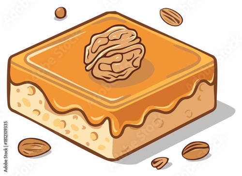 Sweet square pastry with caramel glaze and walnut topping, served with almonds