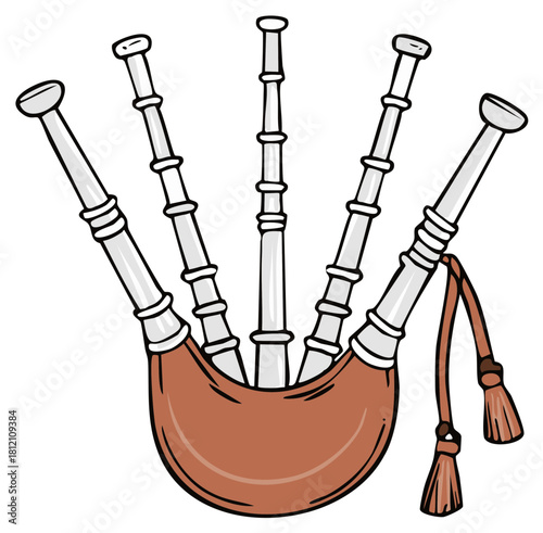 Illustration of Scottish bagpipes, musical instrument in brown and white tones