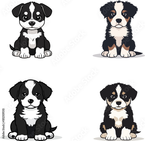 Four Bernese Mountain Dog Puppies - Mixed Vector Illustration Styles Set