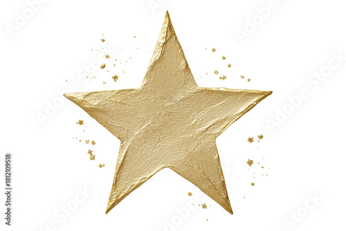 A gold star with a glittery texture on a transparent background.