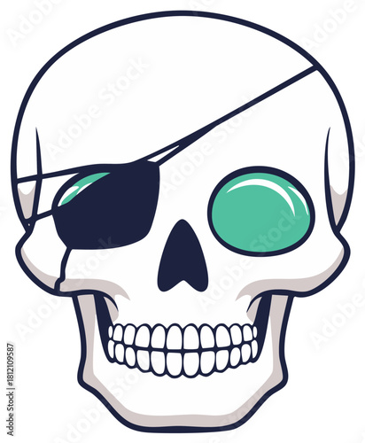 Stylized Pirate Skull with Eyepatch and Green Eye Vector Illustration