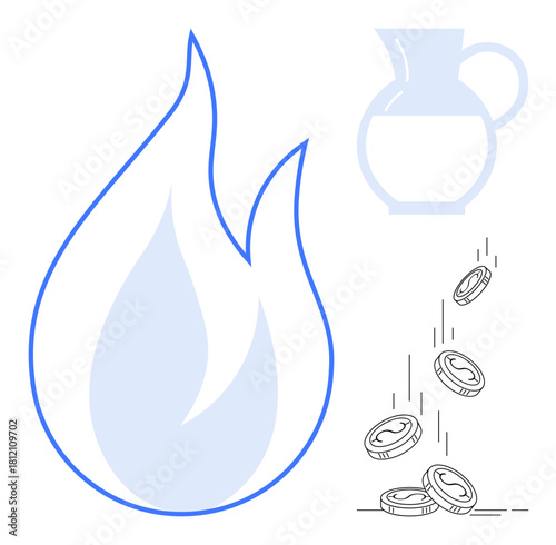 Large flame and water pitcher represent energy and consumption balance, with coins symbolizing cost and value. Ideal for sustainability, energy efficiency, economic balance, resource allocation