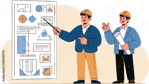 Engineers Reviewing Blueprint Plans with Hard Hats and Pointer.